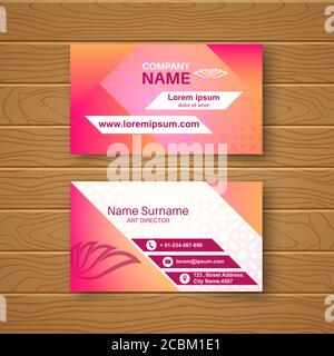 Template of the blank business card on a wooden table.Card with a multi-colored ornament and a realistic shadow. Vector illustration. Stock Vector