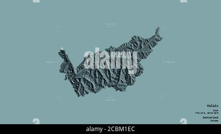 Area of Valais, canton of Switzerland, isolated on a solid background in a georeferenced bounding box. Labels. Colored elevation map. 3D rendering Stock Photo