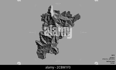 Area of Uri, canton of Switzerland, isolated on a solid background in a georeferenced bounding box. Labels. Bilevel elevation map. 3D rendering Stock Photo