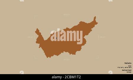 Area of Valais, canton of Switzerland, isolated on a solid background in a georeferenced bounding box. Labels. Composition of patterned textures. 3D r Stock Photo