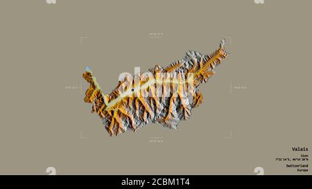 Area of Valais, canton of Switzerland, isolated on a solid background in a georeferenced bounding box. Labels. Topographic relief map. 3D rendering Stock Photo