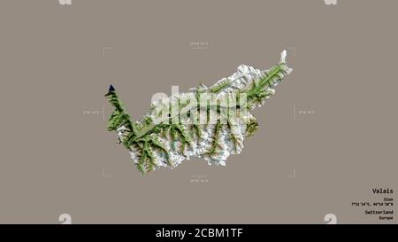 Area of Valais, canton of Switzerland, isolated on a solid background in a georeferenced bounding box. Labels. Satellite imagery. 3D rendering Stock Photo