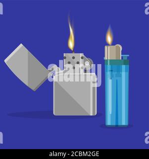 A set of icons of gas and petrol lighters with a flame.Design elements in flat style isolated on a blue background.Vector illustration. Stock Vector