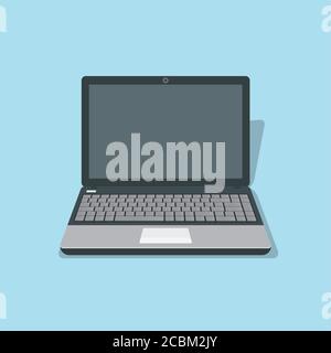 The laptop with an open cover in 3D style.The computer with a shadow. Flat element of design. Isolated.Vector illustration. Stock Vector