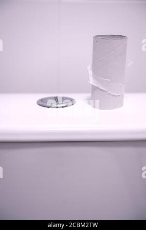 Used toilet roll on top of a white toilet cistern Stock Photo