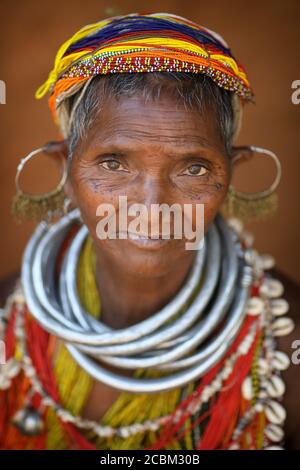 Bonda tribal woman in a rural village near Koraput in Odisha, India. Stock Photo