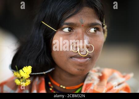 Dongria Kondh tribal woman in a rural village near Rayagada, Odisha, India. Stock Photo