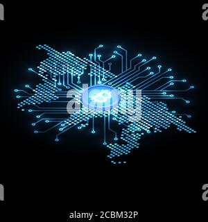 The shining cryptocurrency Bitcoin symbol on the stylized map of the earth.Abstract vector illustration.The concept of global growth of cryptocurrency Stock Vector