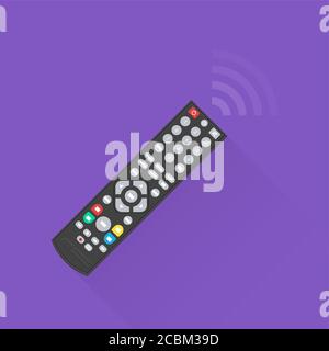 The black remote control with a flat shadow.The electronic device on the isolated background.Flat design. Vector illustration. Stock Vector