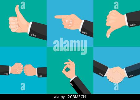 Set of realistic vector hands with various expressions. Thumbs up. Like. Dislike. Good. Ok. Clenched fist. Gesture ok. Pointing finger. Partner handsh Stock Vector