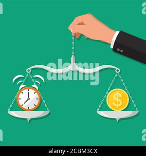 The hand of the businessman holds scales with hours and a coin.Concept time and money.Balance between work and the given time.Vector illustration in f Stock Vector