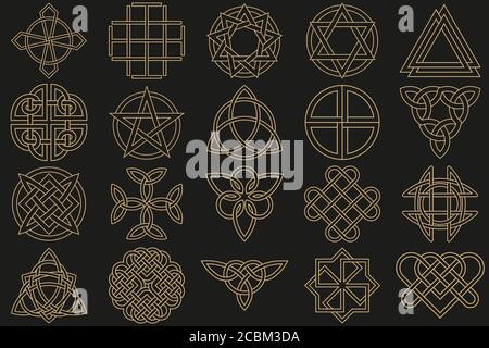 Character set, executed in linear style.Celtic signs, knots and interlacings. Concept of secret and origin of mankind. The mascots and charms executed Stock Vector