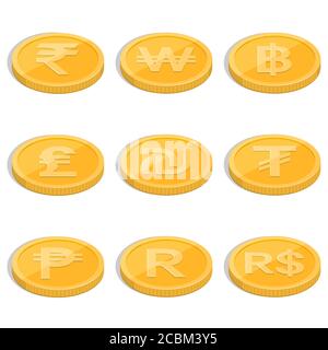 A set of coins of symbols of currencies of the countries of the world on the isolated white background.Signs rupee, baht, lira, shekel, dollar, tugrik Stock Vector