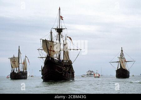 Corpus Christi, Texas: Replicas of Christopher Columbus's fleet, La Nina, La Pinta and La Santa Maria, sail with canvas up entering Corpus Christi Harbor. The fleet was a gift from the government of Spain to commemorate the 500th anniversary of Columbus's voyage to the 'new world.' ©Bob Daemmrich Stock Photo