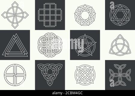 Set of ancient symbols executed in linear Celtic style. Secret signs, knots, interlacings. Concept of secret origin of mankind. Mascots, charms execut Stock Vector