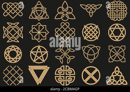 Set of ancient symbols executed in Celtic style. Secret signs, knots, interlacings. Concept of secret and origin of mankind. Mascots, charms executed Stock Vector