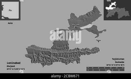 Shape of Leninabad, region of Tajikistan, and its capital. Distance scale, previews and labels. Bilevel elevation map. 3D rendering Stock Photo