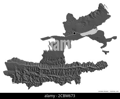 Shape of Leninabad, region of Tajikistan, with its capital isolated on white background. Bilevel elevation map. 3D rendering Stock Photo