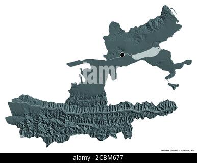 Shape of Leninabad, region of Tajikistan, with its capital isolated on white background. Colored elevation map. 3D rendering Stock Photo