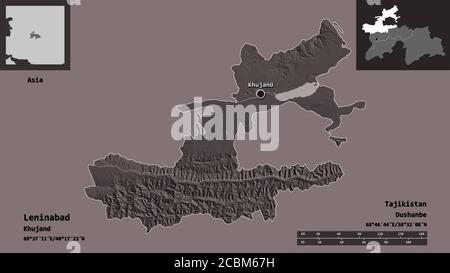 Shape of Leninabad, region of Tajikistan, and its capital. Distance scale, previews and labels. Colored elevation map. 3D rendering Stock Photo