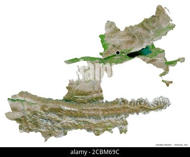 Shape of Leninabad, region of Tajikistan, with its capital isolated on white background. Satellite imagery. 3D rendering Stock Photo