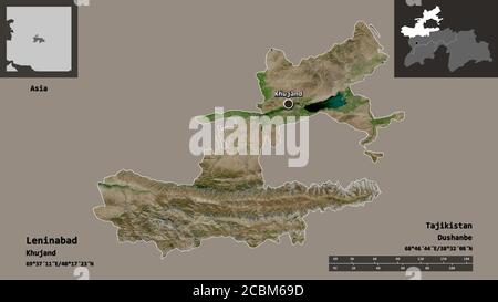 Shape of Leninabad, region of Tajikistan, and its capital. Distance scale, previews and labels. Satellite imagery. 3D rendering Stock Photo