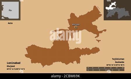 Shape of Leninabad, region of Tajikistan, and its capital. Distance scale, previews and labels. Composition of patterned textures. 3D rendering Stock Photo