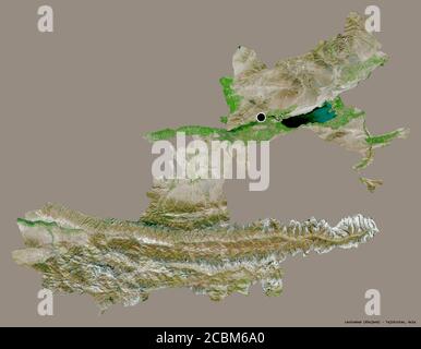 Shape of Leninabad, region of Tajikistan, with its capital isolated on a solid color background. Satellite imagery. 3D rendering Stock Photo