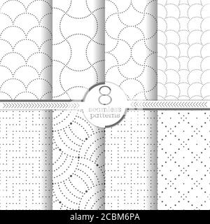 Set of vector seamless patterns. Modern stylish geometric textures with small dots. Infinitely repeating geometrical ornaments with dotted shapes: sca Stock Vector