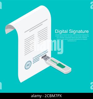 USB memory stick and a document with a connector.Concept of the digital signature.The company for customer service.Isometry.3D. A vector illustration Stock Vector