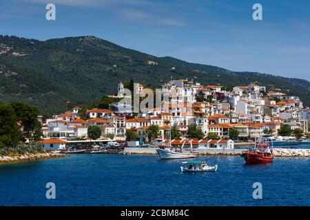 View of the harbour on Skiathos island, Greece.