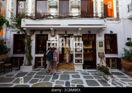 Shops in the old town of Skiathos in Sporades, Greece. Stock Photo