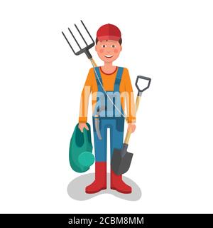The cheerful young gardener with the tool. The happy boy at work. Design element. The vector isolated illustration in flat style. Stock Vector