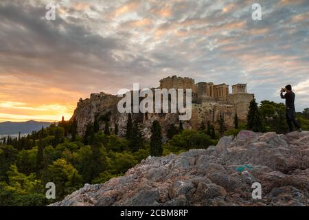 Acropolis as seen from Areopagus hill early in the morning. Stock Photo