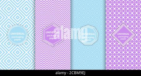 Set of colourful seamless patterns. Classical textured backgrounds with logo, emblem templates. Vector digital paper for packing. Universal wrapping t Stock Vector