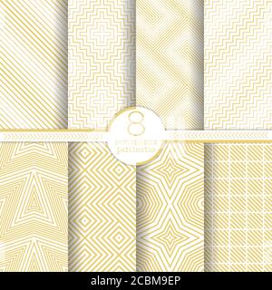 Set of vector seamless patterns. Modern gold geometric textures. Regularly repeating geometrical ornaments with thin lines, zigzag strips, triangle, r Stock Vector