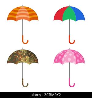 A set of umbrellas on the white isolated background.Beach, multi-colored, darling, camouflage the opened umbrellas.Elements for design. A vector illus Stock Vector