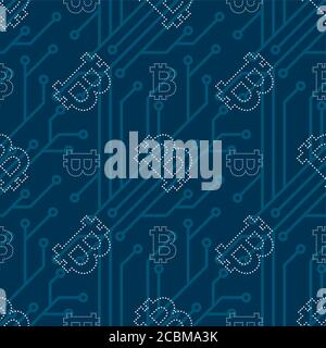 Background from a symbol of cryptocurrency bitcoin and the scheme. Chaotically scattered symbols on a blue substrate. Seamless pattern. Vector illustr Stock Vector