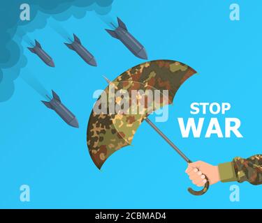 The hand of the military person holds the opened camouflage umbrella.Protection against bombs.The concept prevention from military operations. Stop wa Stock Vector