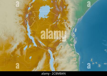 Extended area of Tanzania with country outline, international and regional borders. Topographic relief map. 3D rendering Stock Photo