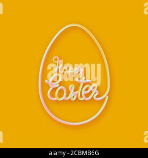 Happy Easter. The stylized inscription in egg on a yellow background.3D neon. Hand-written text. Lettering. Element of a greeting card. Vector illustr Stock Vector