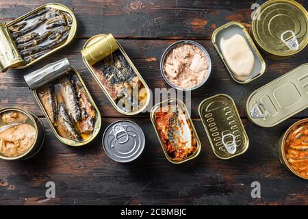 Conserves of canned fish with different types of seafood, opened and closed cans with Saury, mackerel, sprats, sardines, pilchard, squid, tuna, over Stock Photo