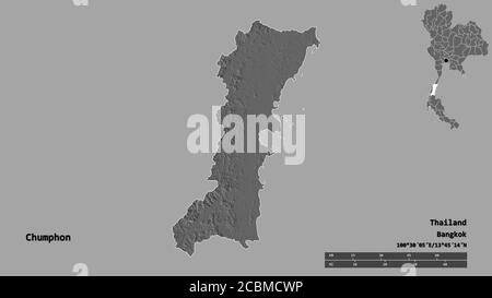 Shape of Chumphon, province of Thailand, with its capital isolated on solid background. Distance scale, region preview and labels. Bilevel elevation m Stock Photo