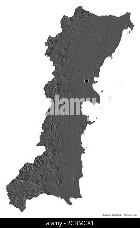 Shape of Chumphon, province of Thailand, with its capital isolated on white background. Bilevel elevation map. 3D rendering Stock Photo