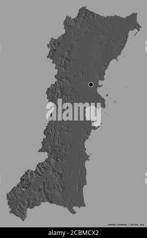 Shape of Chumphon, province of Thailand, with its capital isolated on a solid color background. Bilevel elevation map. 3D rendering Stock Photo