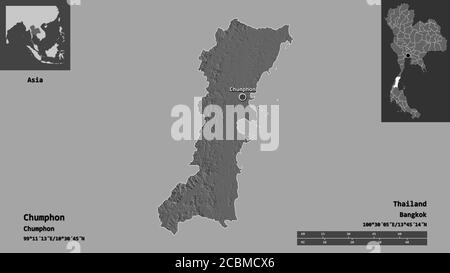 Shape of Chumphon, province of Thailand, and its capital. Distance scale, previews and labels. Bilevel elevation map. 3D rendering Stock Photo