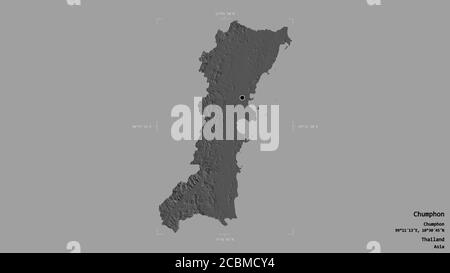 Area of Chumphon, province of Thailand, isolated on a solid background in a georeferenced bounding box. Labels. Bilevel elevation map. 3D rendering Stock Photo