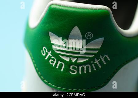 Moscow, Russia - 1 June 2020: Adidas Originals Stan Smith logo close-up, Illustrative Editorial Stock Photo