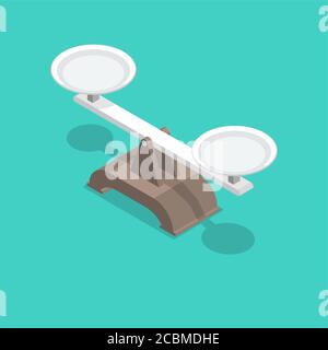 Scales with bowls and a shadow. Isometric illustration.3D style. Balance. Design element. A vector illustration in flat style.