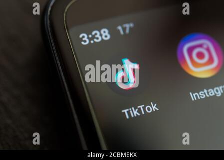 Buenos Aires, Argentina - August 10, 2020: Logo of TikTok and Instagram on phone Stock Photo